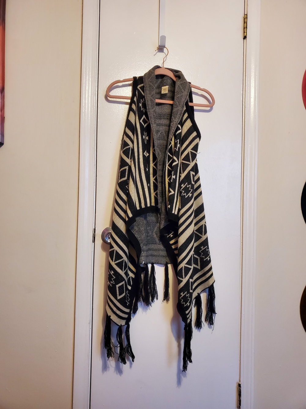 Black and Cream Geometric Fringe Sweater Vest